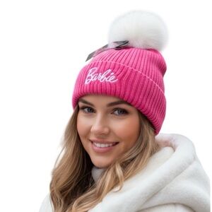 Barbie Pink Ribbed Knit Beanie Hat with White Faux Fur Pom Pom - NWT 
O